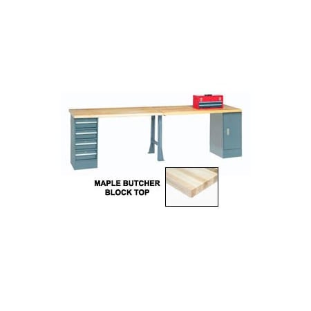 Global Industrial 120inW x 30inD Production Workbench, Maple, Cabinet, 4 Drawer, 1 Leg, Gray 607966